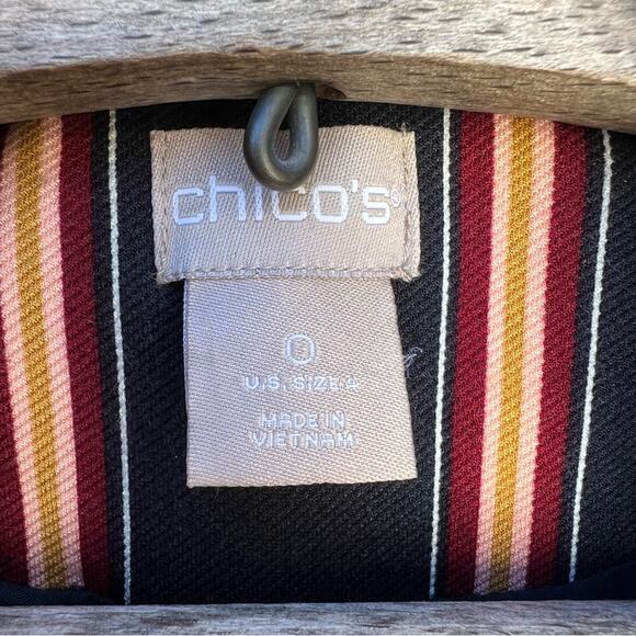 Chicos Striped Twill Ponte navy maroon gold tan stripe blazer Chicos size 0 - Picture 4 of 9